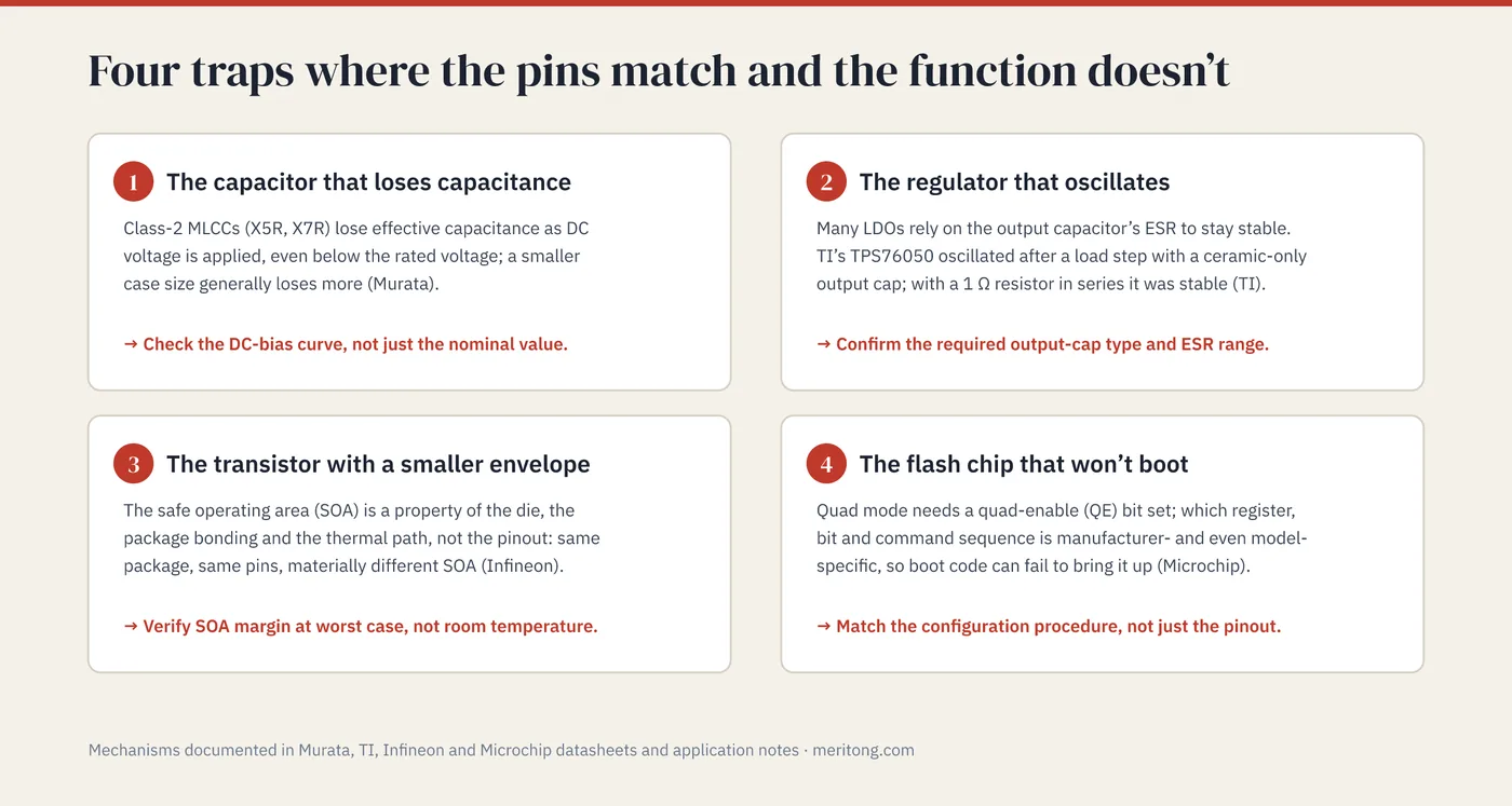 Four traps where pins match but function doesn't: MLCC capacitance loss under DC bias, LDO oscillation from output-capacitor ESR, MOSFET safe-operating-area differences, and flash quad-enable configuration mismatch