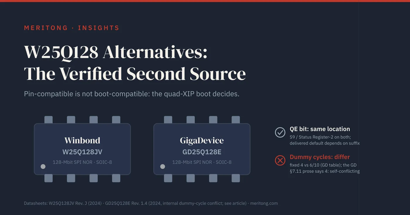 Two 128-Mbit SPI NOR flash chips, Winbond W25Q128JV and GigaDevice GD25Q128E: the QE register location matches, but delivered defaults and dummy cycles differ