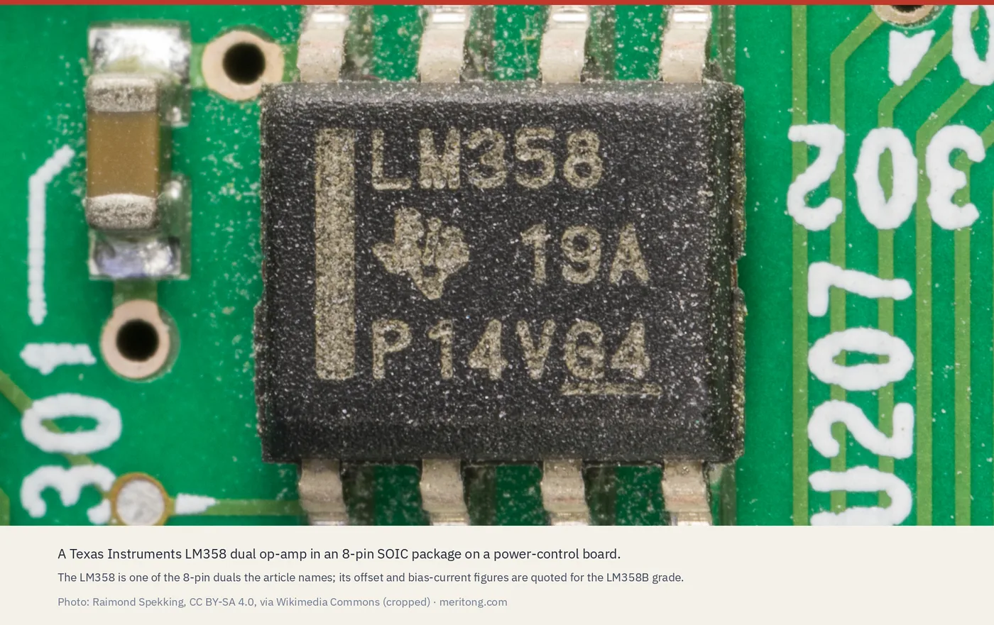 A Texas Instruments LM358 dual op-amp in an 8-pin SOIC package on a power-control board. Photo: Raimond Spekking, CC BY-SA 4.0, via Wikimedia Commons, cropped