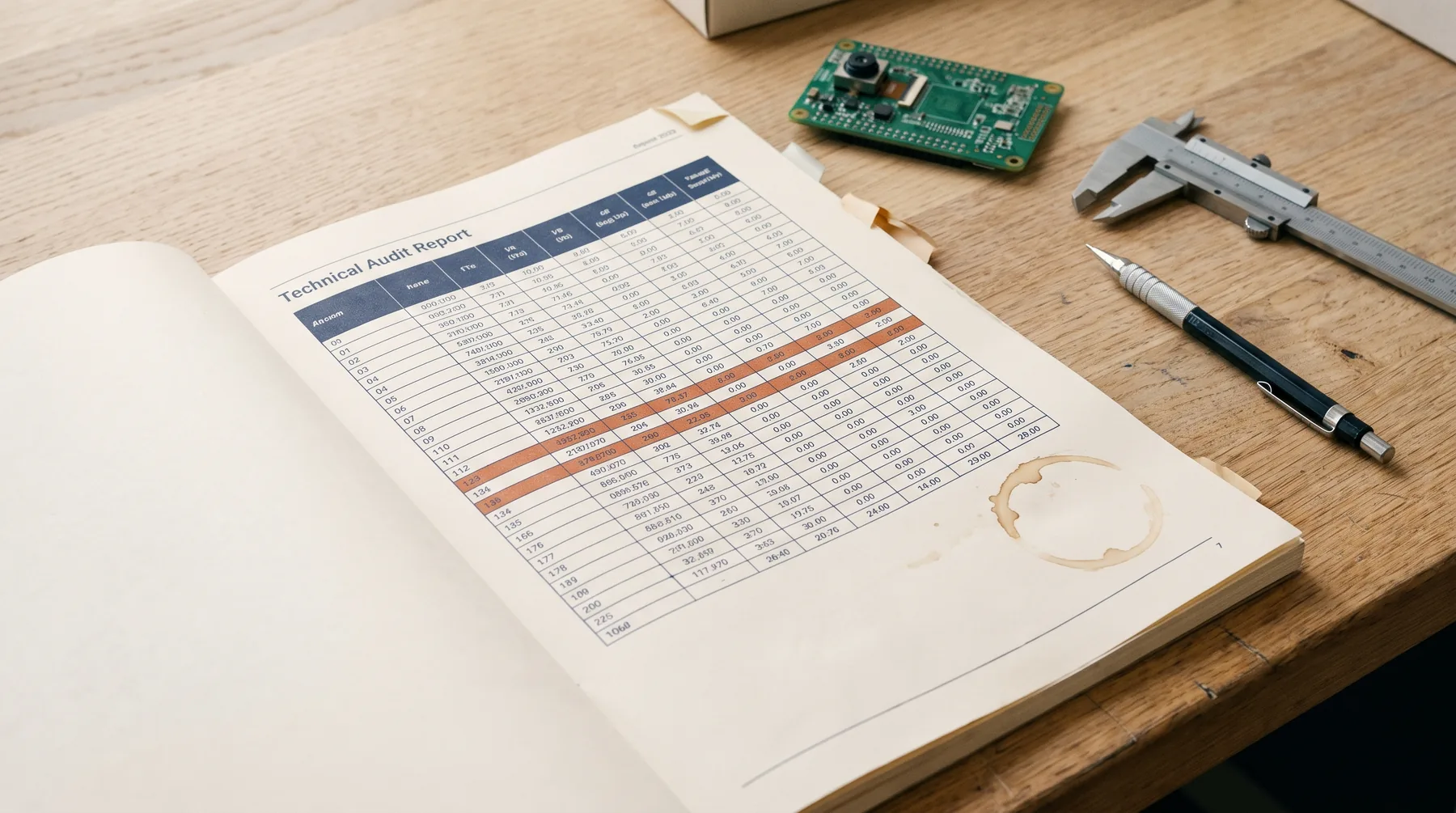 Open audit report next to a circuit board
