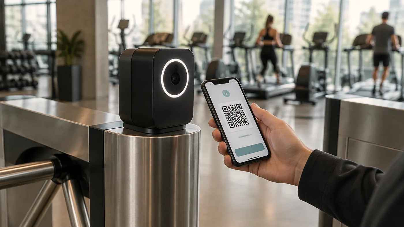 Access scanner with LED ring at the turnstile of a gym, a smartphone showing a check-in code in front of it, AI-generated